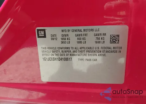 2013 Chevrolet Sonic Lt Auto из США, поврежденный, VIN 1G1JC6SH1D4100617